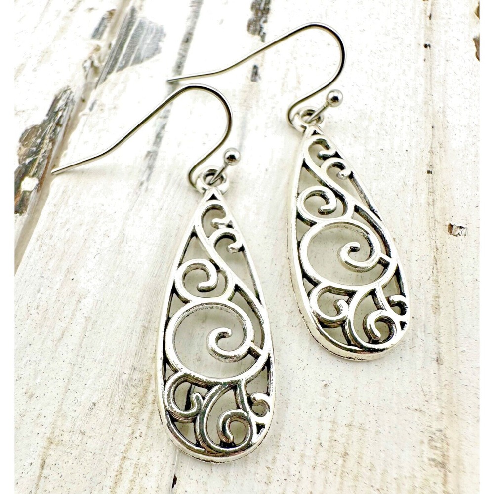 Filigree Swirl Teardrop Earrings Silver Tone